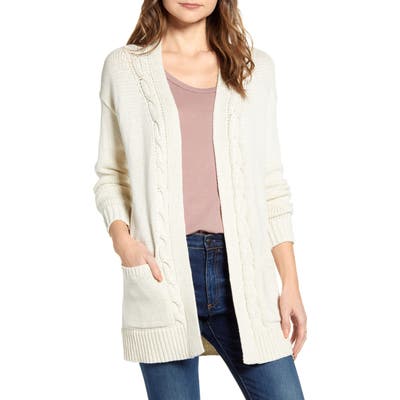 Lucky Brand Cable Accent Cotton Blend Cardigan, Beige