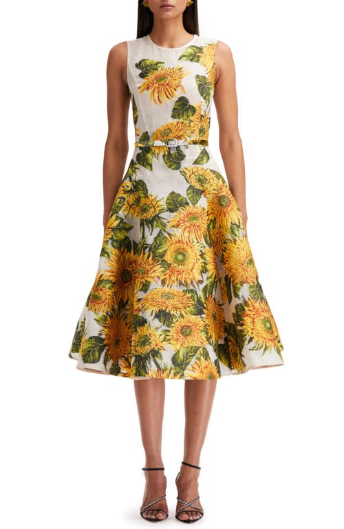 Oscar De La Renta Sunflower Embroidered Sleeveless Fit & Flare Dress In Yellow