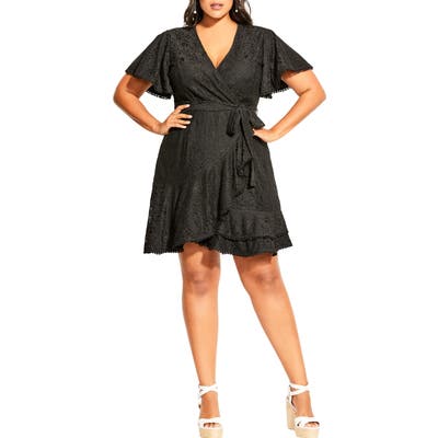 Plus Size City Chic Lace Faux Wrap Minidress, Black