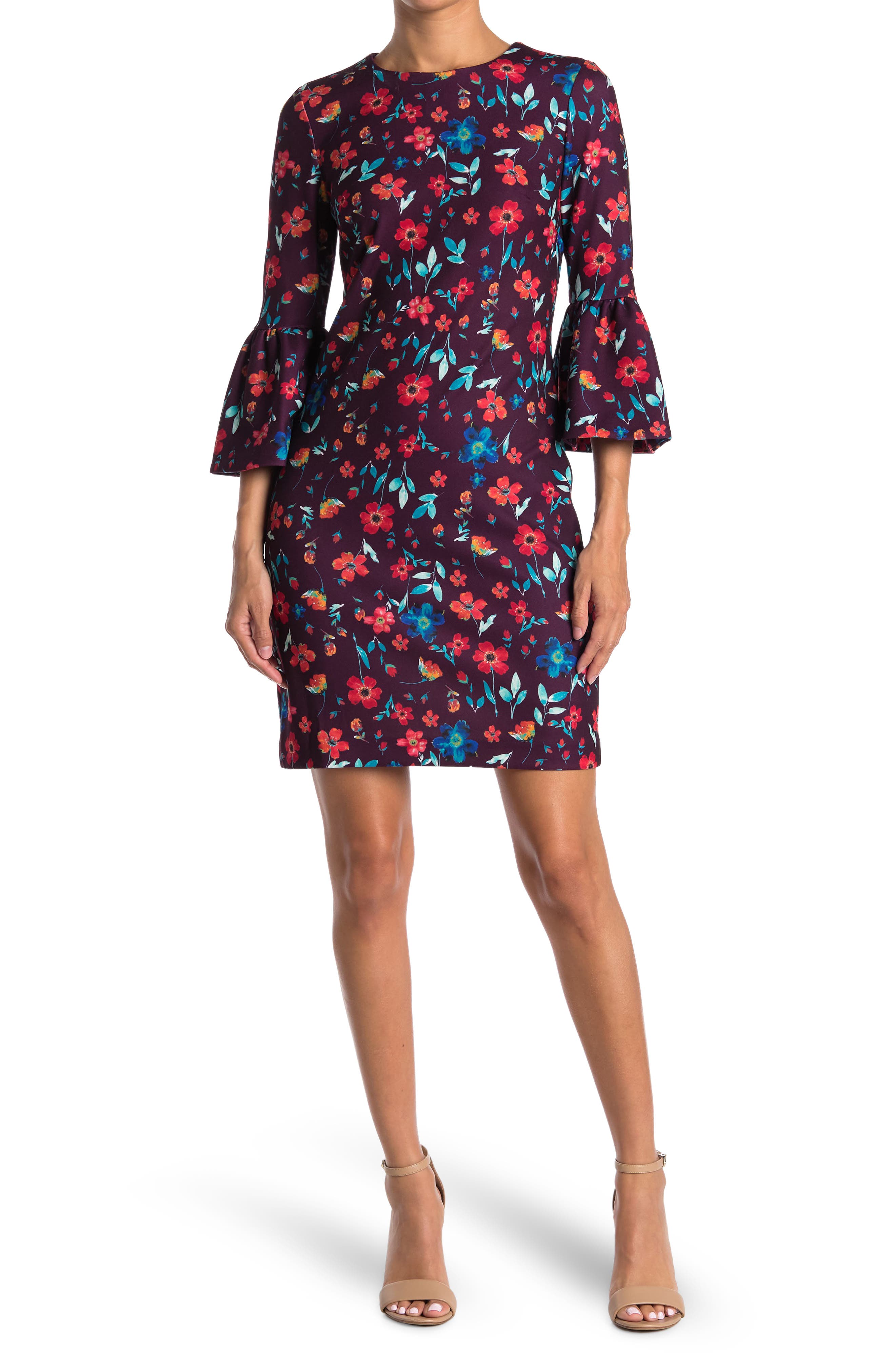 calvin klein floral dress with bell sleeves