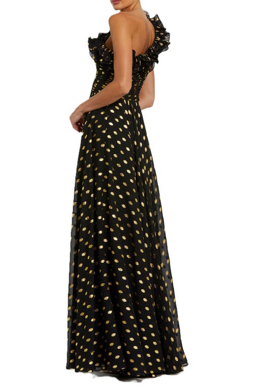 Mac Duggal One Shoulder Ruffle Chiffon Gown With Slit In Black Gold