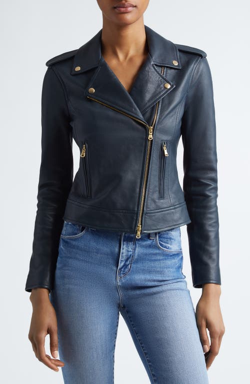 Shop L Agence L'agence Lambskin Leather Biker Jacket In Midnight