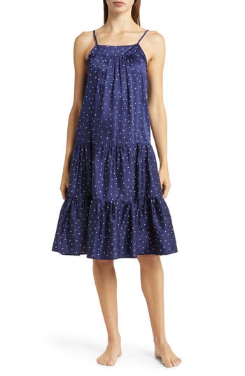 Shop Papinelle Olivia Spot Tiered Cotton Sateen Nightgown In Navy/white Spot