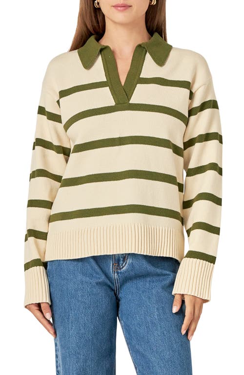 English Factory Stripe Collared Sweater In Cream/olive