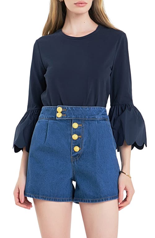 Scallop Bell Sleeve T-Shirt in Navy