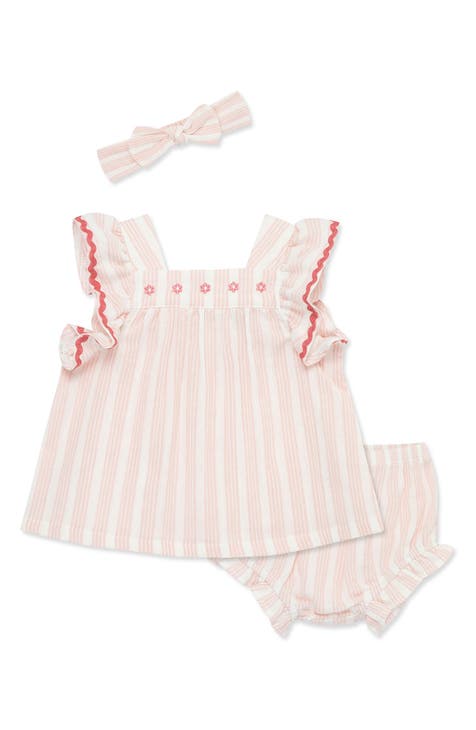 Stripe Cotton Ruffle Top, Bloomers & Headband Set (Baby)