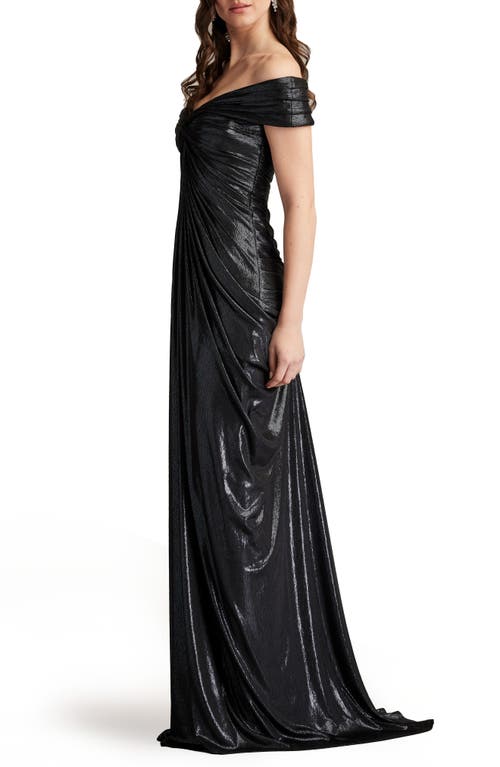 Shop Tadashi Shoji Metallic Front Twist Off The Shoulder Gown In Titanium