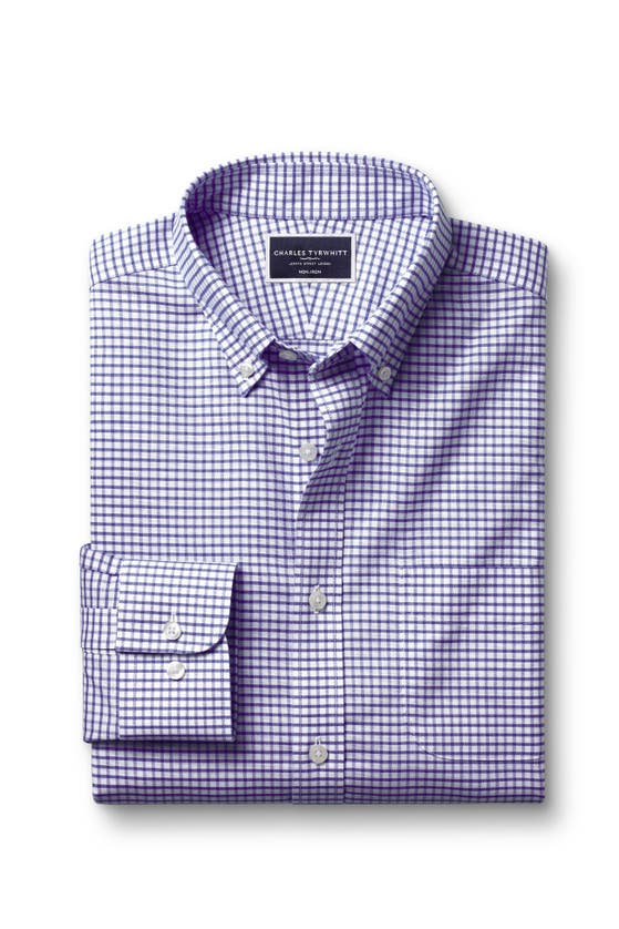 Shop Charles Tyrwhitt Slim Fit Button-down Collar Non-iron Stretch Check Oxford Shirt In Cornflower Blue