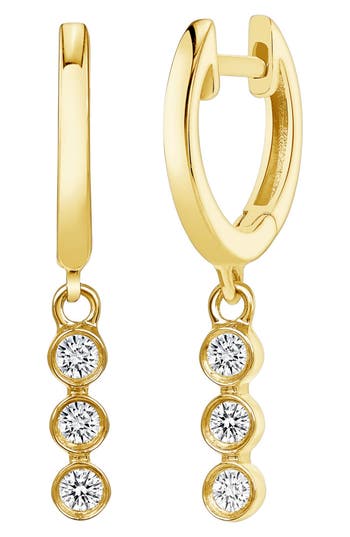 Ron Hami 14k Yellow Gold Triple Diamond Bezel Drop Huggie Hoop Earrings
