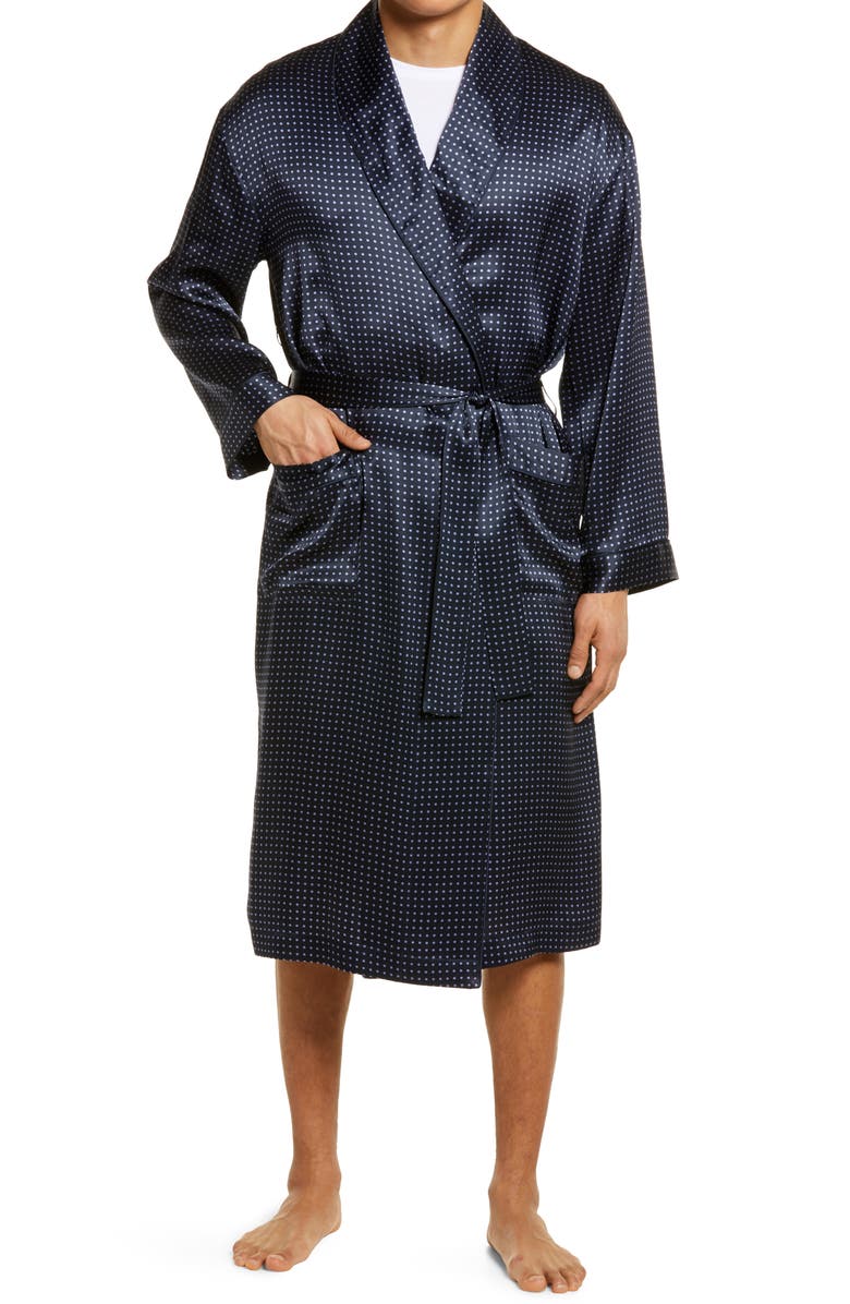 Navy Dot Silk Robe for Men with Pockets