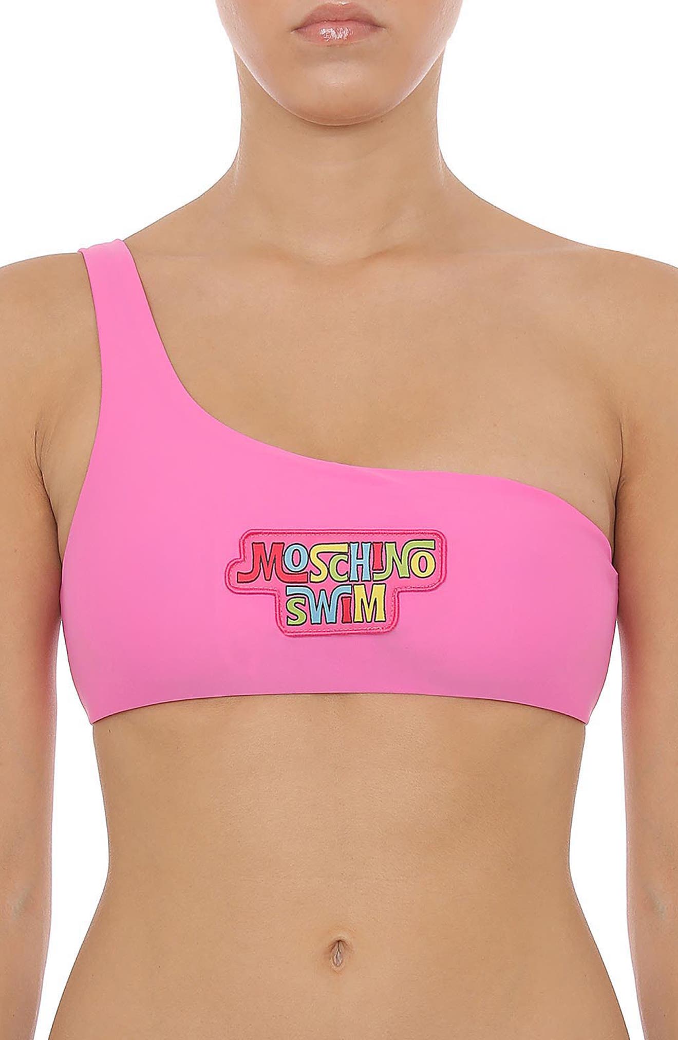 MOSCHINO Multicolor Logo One-Shoulder Bikini Top in Fucsia