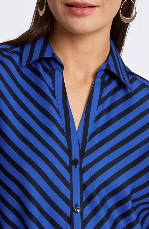 Foxcroft Mary Stripe Long Sleeve Cotton Sateen Button-up Shirt In Sapphire/black