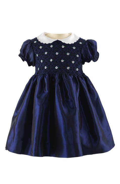 Floral Embroidery Smocked Taffeta Dress & Bloomers (Baby)