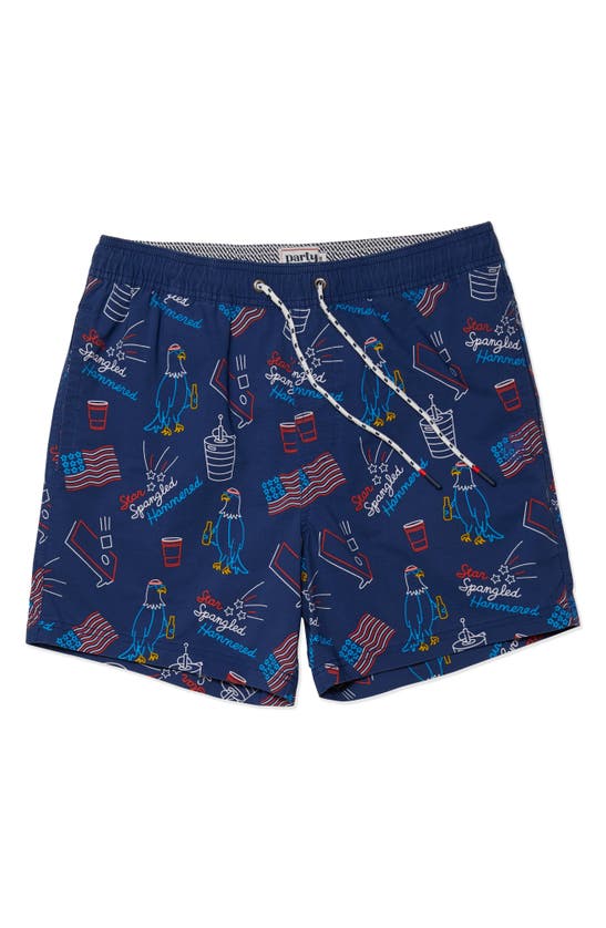 Shop Party Pants Star Spangled Hammered Swim Trunks In Navy