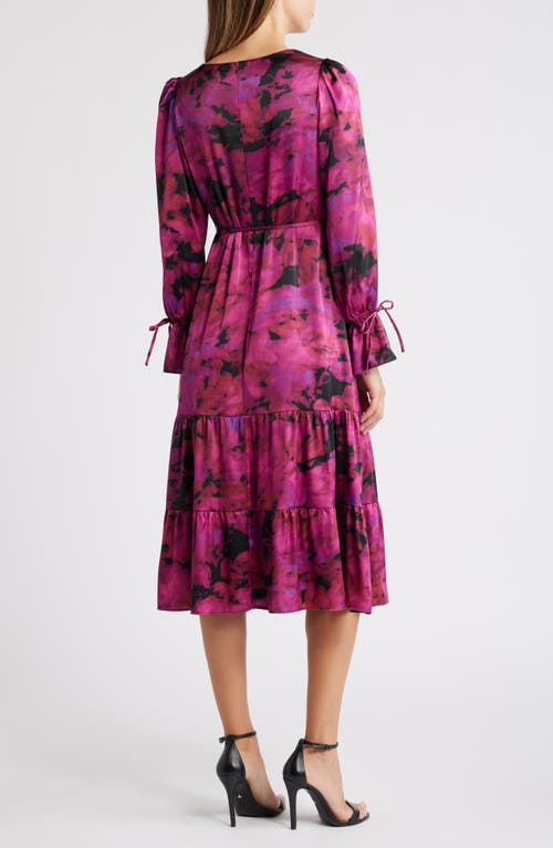 Shop Julia Jordan Abstract Print Tiered Long Sleeve Midi Dress In Purple Pink Multi