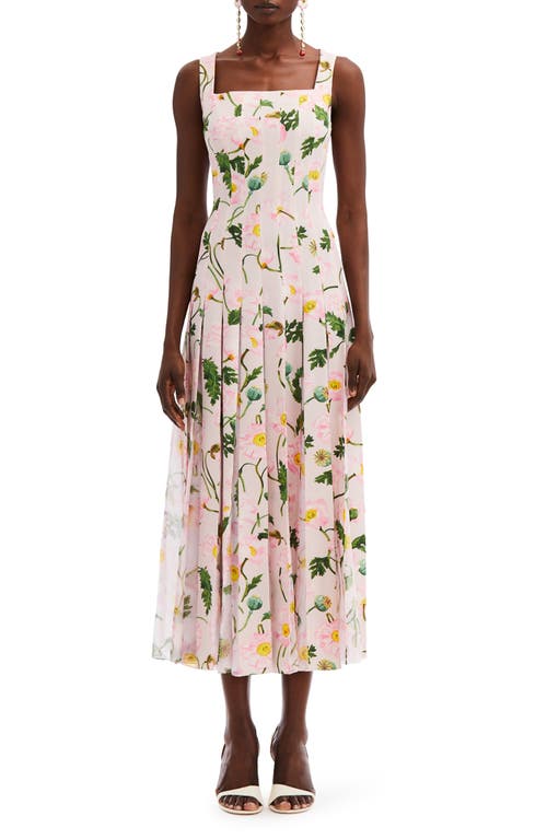 Oscar de la Renta Poppy Print Pleated Square Neck Midi Dress Pink/Soft Pink at Nordstrom,