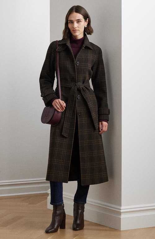 Shop Lauren Ralph Lauren Plaid Wool Blend Maxi Trench Coat In Brown Plaid