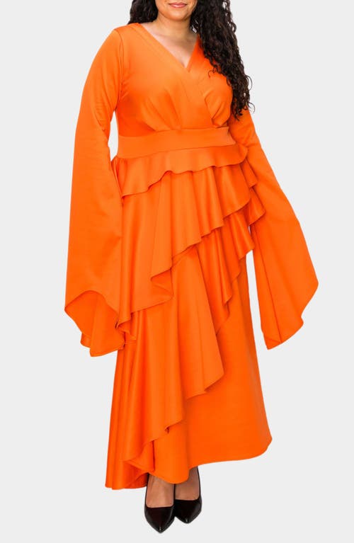 L I V D Zeta Ruffled Long Sleeve Drama Dress In Tangerine