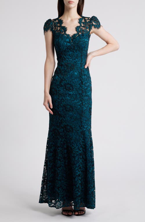 Shop Eliza J Illusion Cap Sleeve Gown In Peacock