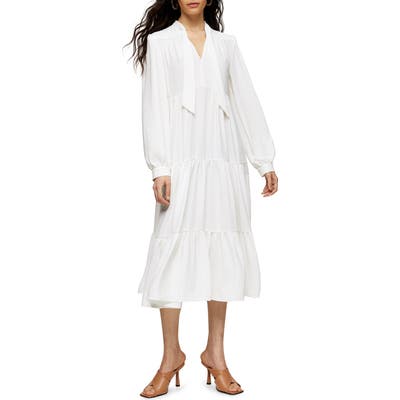 Topshop Tiered Tie Neck Chuckon Long Sleeve Midi Dress, US (fits like 6-8) - Ivory