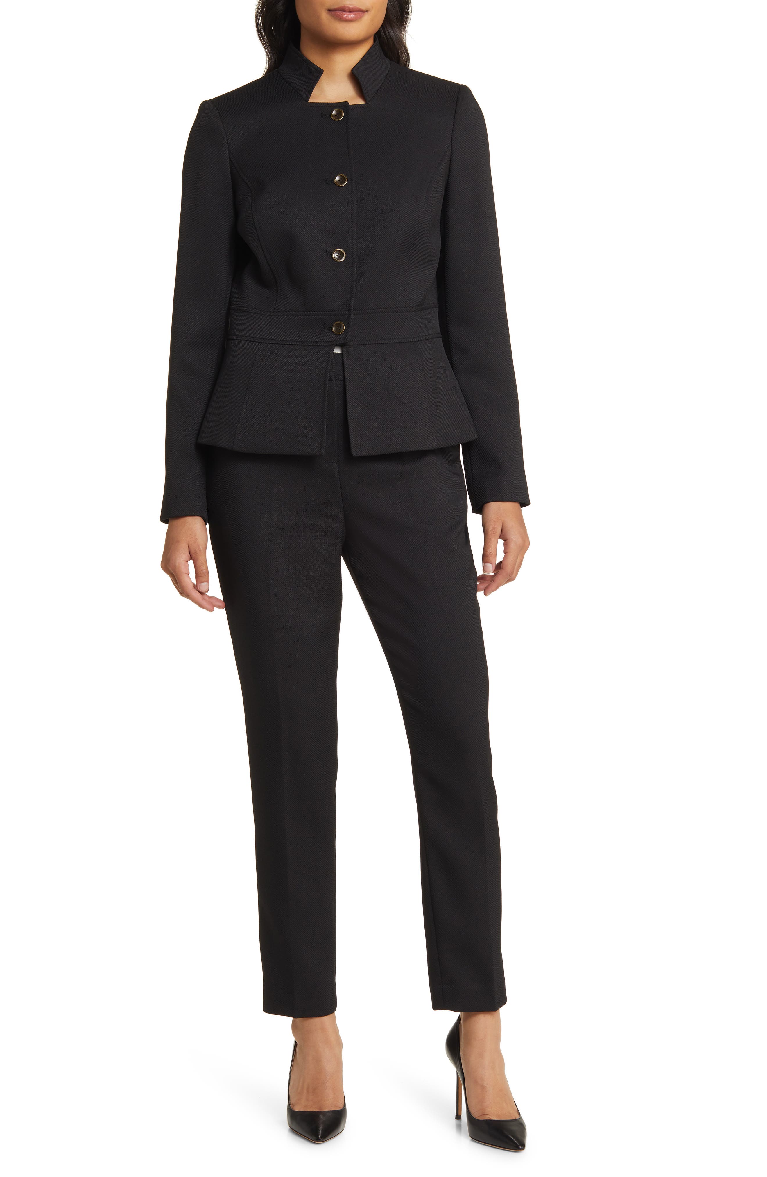 Tahari ASL Stand Collar Jacket Pants in Black Smart Closet