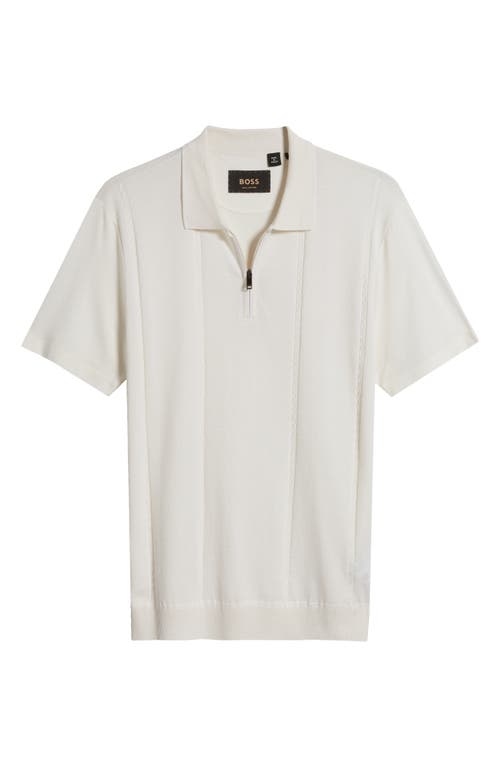 BOSS Parkau Cable Stitch Cotton & Silk Zip Polo Sweater Off White at Nordstrom,