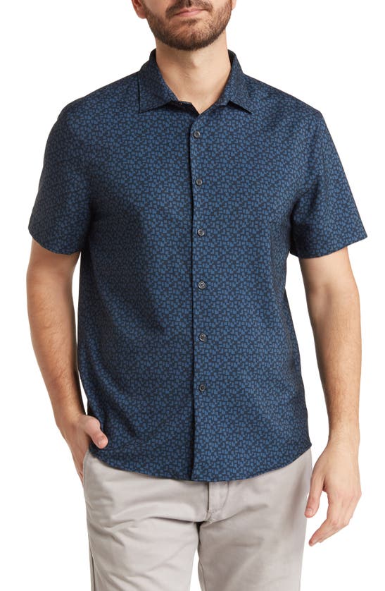 Perry Ellis Geo Print Short Sleeve Stretch Button-up Shirt In Sargasso Sea