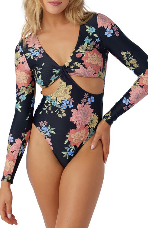 Kali Key West Cutout Floral Long Sleeve One-Piece Swimsuit in Black