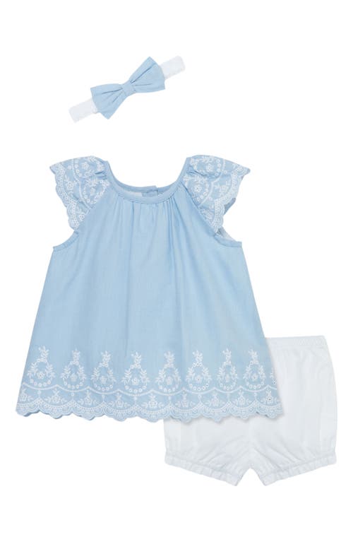 Shop Little Me Eyelet Dress, Bloomers & Headband Set In White/blue