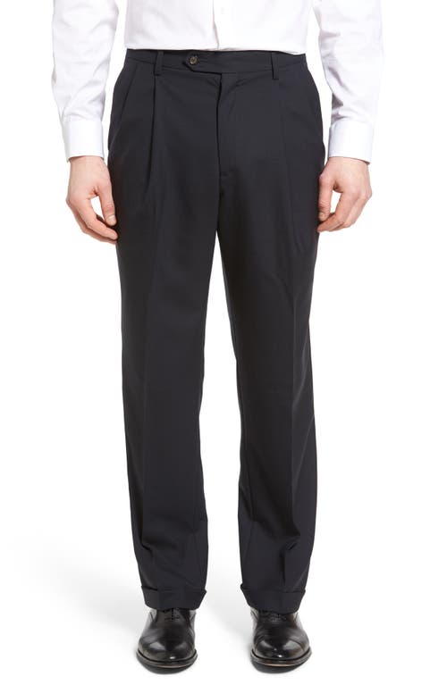 Berle Lightweight Plain Weave Pleated Classic Fit Trousers Navy at Nordstrom, X Unhemmed