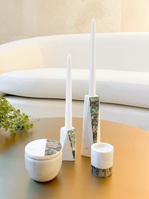 Anaya Rainbow Pearl Marble Candle Holder In White
