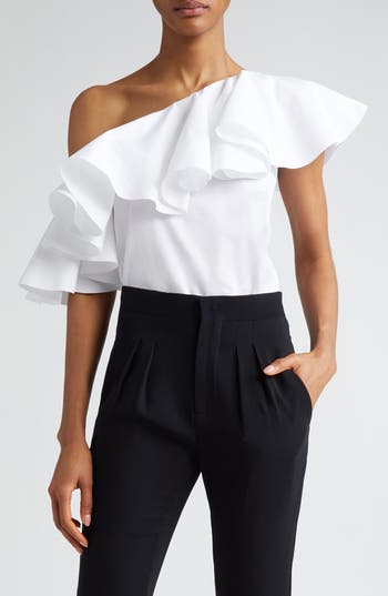 Giambattista Valli Asymmetric Shoulder Cotton Blouse In Ivory