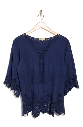 Democracy Crochet Cotton Peplum Top In Navy