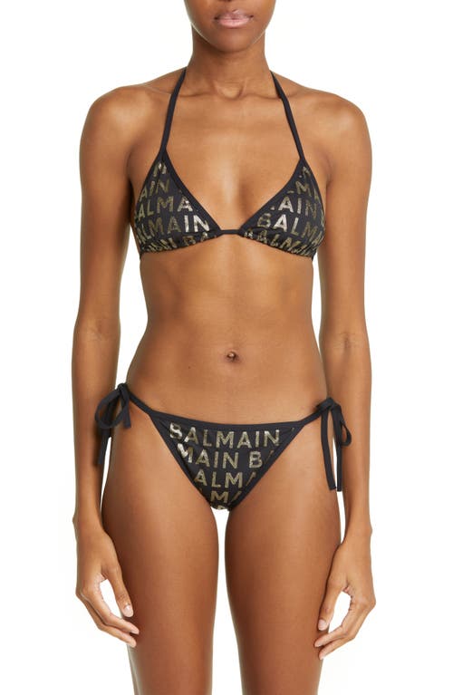 Balmain Glitter Logo Two-Piece Triangle Swimsuit in Black/Gold