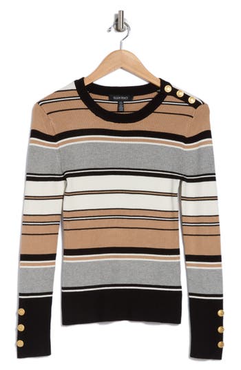 Ellen Tracy Stripe Ribbed Sweater In Black Multi Stripe
