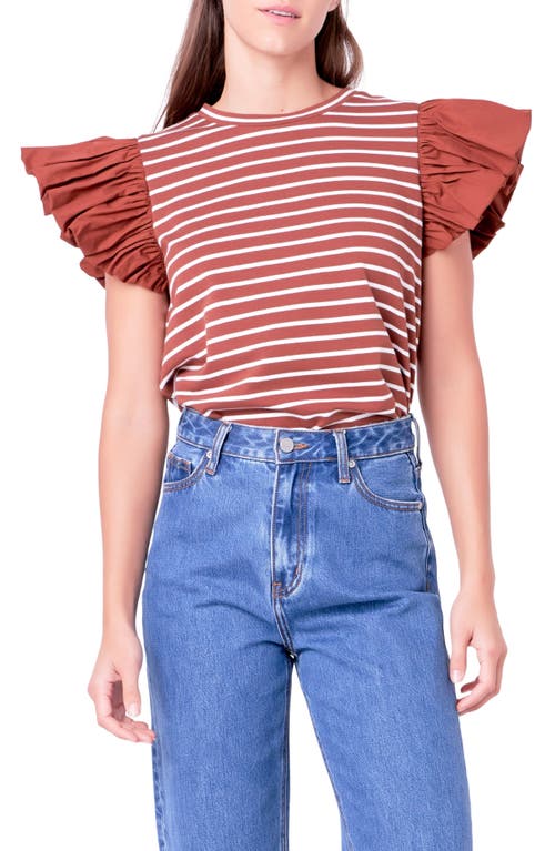 English Factory Mixed Media Stripe Ruffle Sleeve Top In Brown