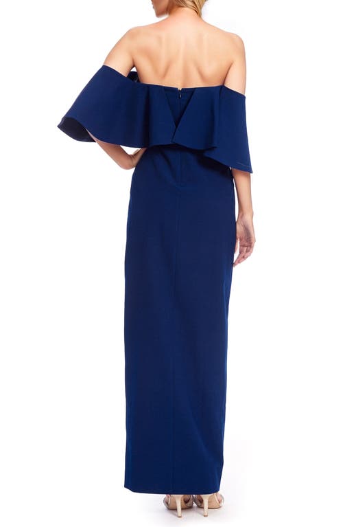 Jewel Badgley Mischka Ruffle Off The Shoulder Gown In Navy