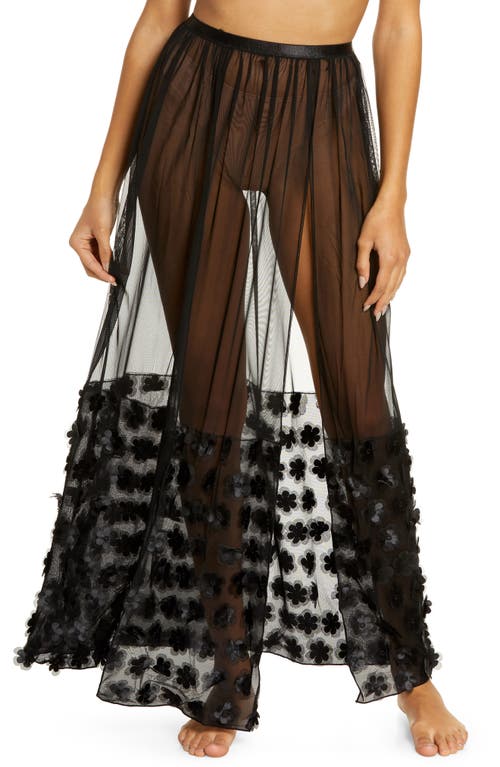 Coquette Floral Appliqué Hem Mesh Skirt in Black