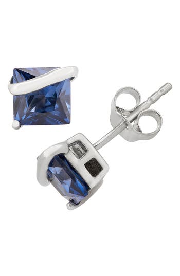 Fzn Sterling Silver Square Stone Stud Earrings In Sapphire