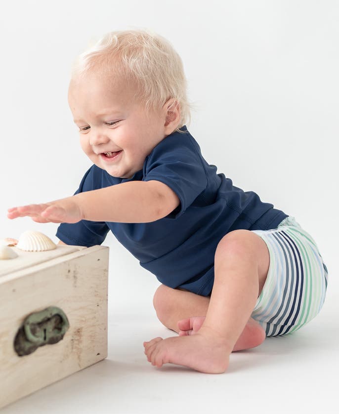 Shop Ruggedbutts Boys Upf50+ Swim Shorties In Coastal Stripes