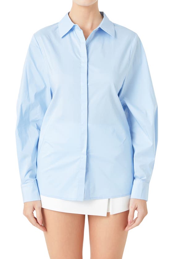 Endless Rose Elastic Back Detail Cotton Blend Button-up Shirt In Powder Blue