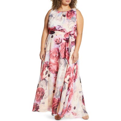 Plus Size Tahari Floral Chiffon Sleeveless Maxi Dress, Pink