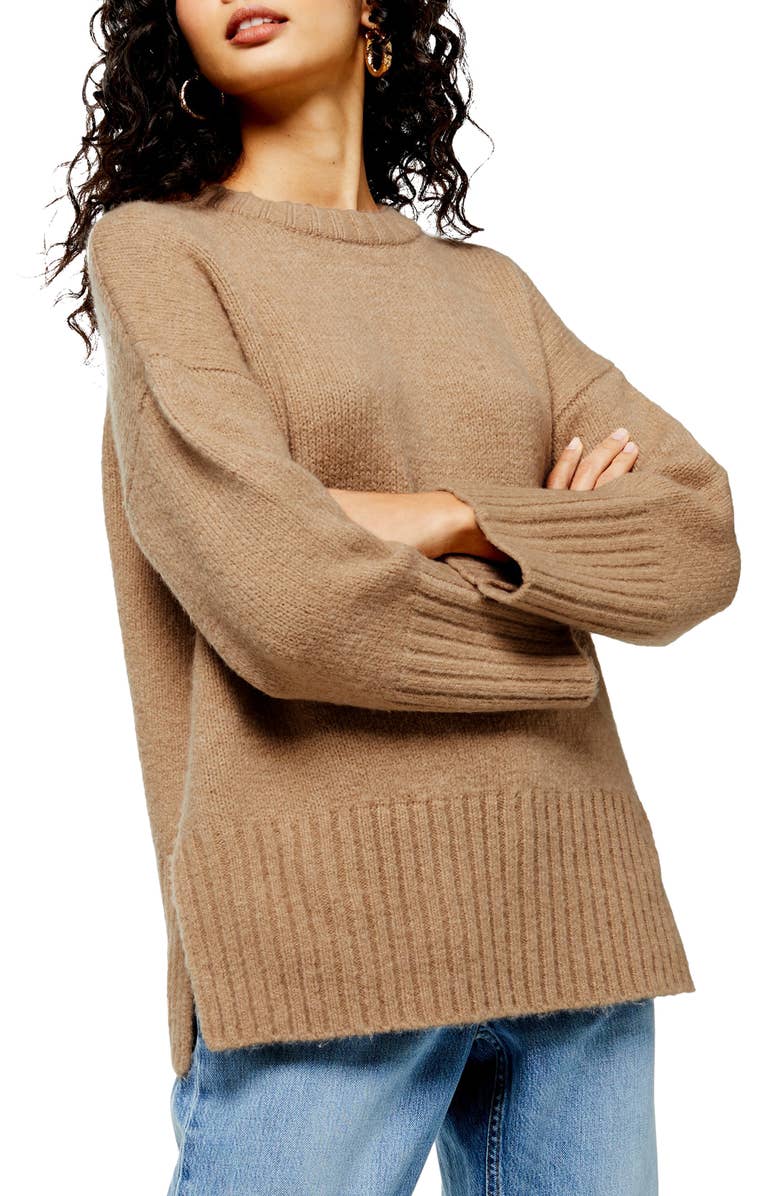 Supersoft Deep Hem Crewneck Sweater, Main, color, CAMEL