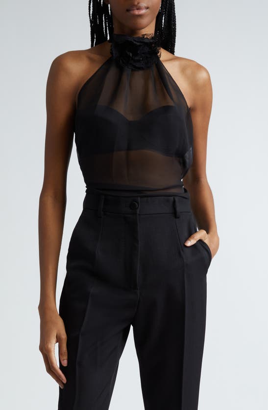 Dolce & Gabbana Rosette Silk Blend Chiffon Halter Top In Nero