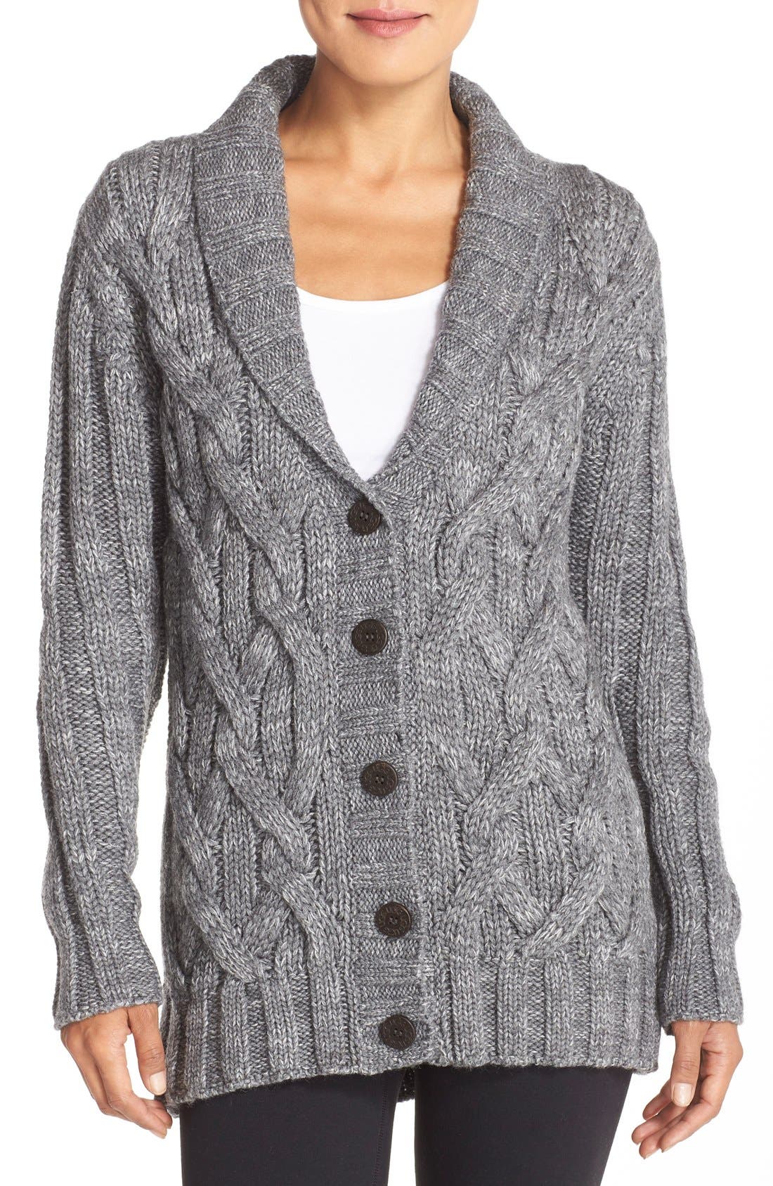 cable knit shawl collar cardigan