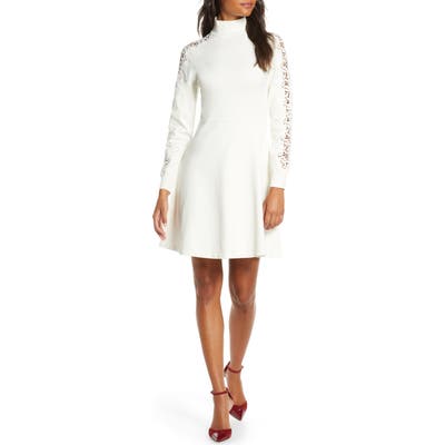 Eliza J Mock Neck Fit & Flare Long Sleeve Sweater Dress, Ivory
