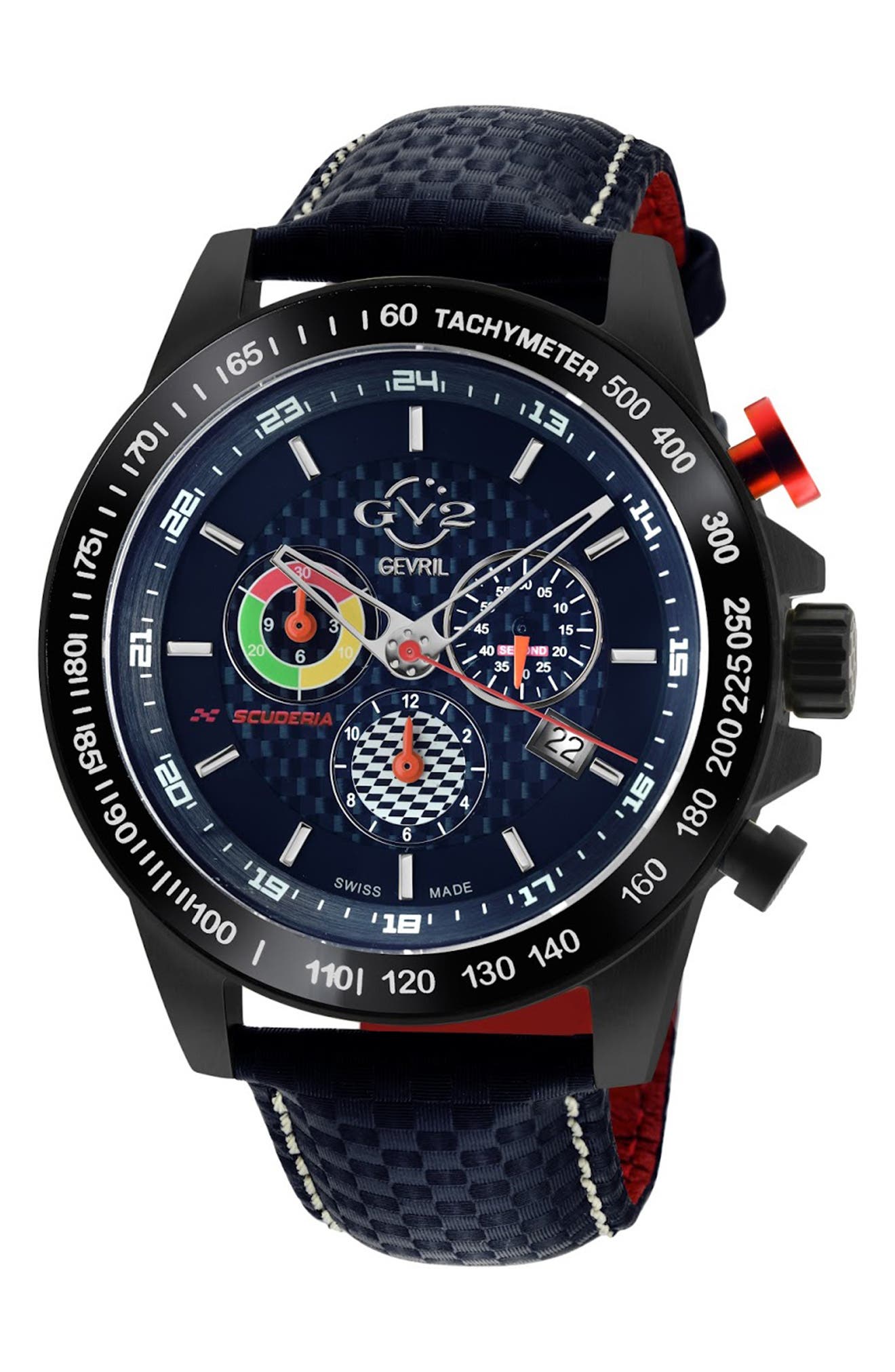 Gevril Gv2 Scuderia White Dial Black Leather Chronograph Date Watch, 45mm In Blue