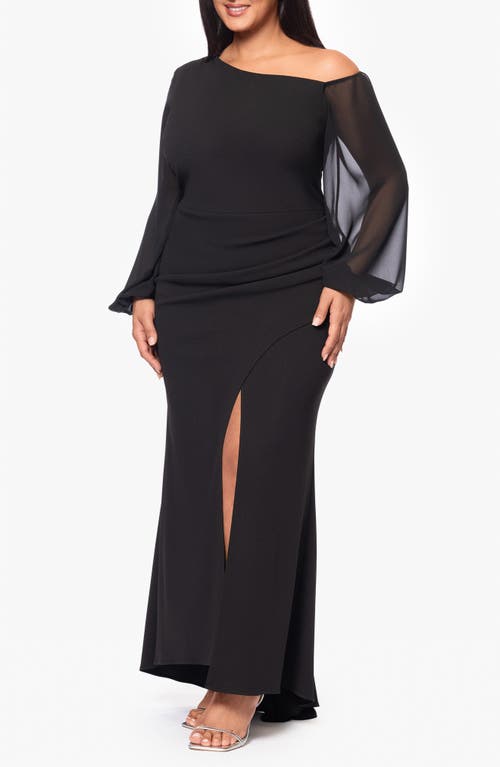 Betsy & Adam Plus Size Asymmetric Long-sleeve Gown In Black