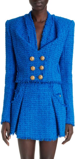 Balmain Collarless 8-Button Tweed Blazer Jacket