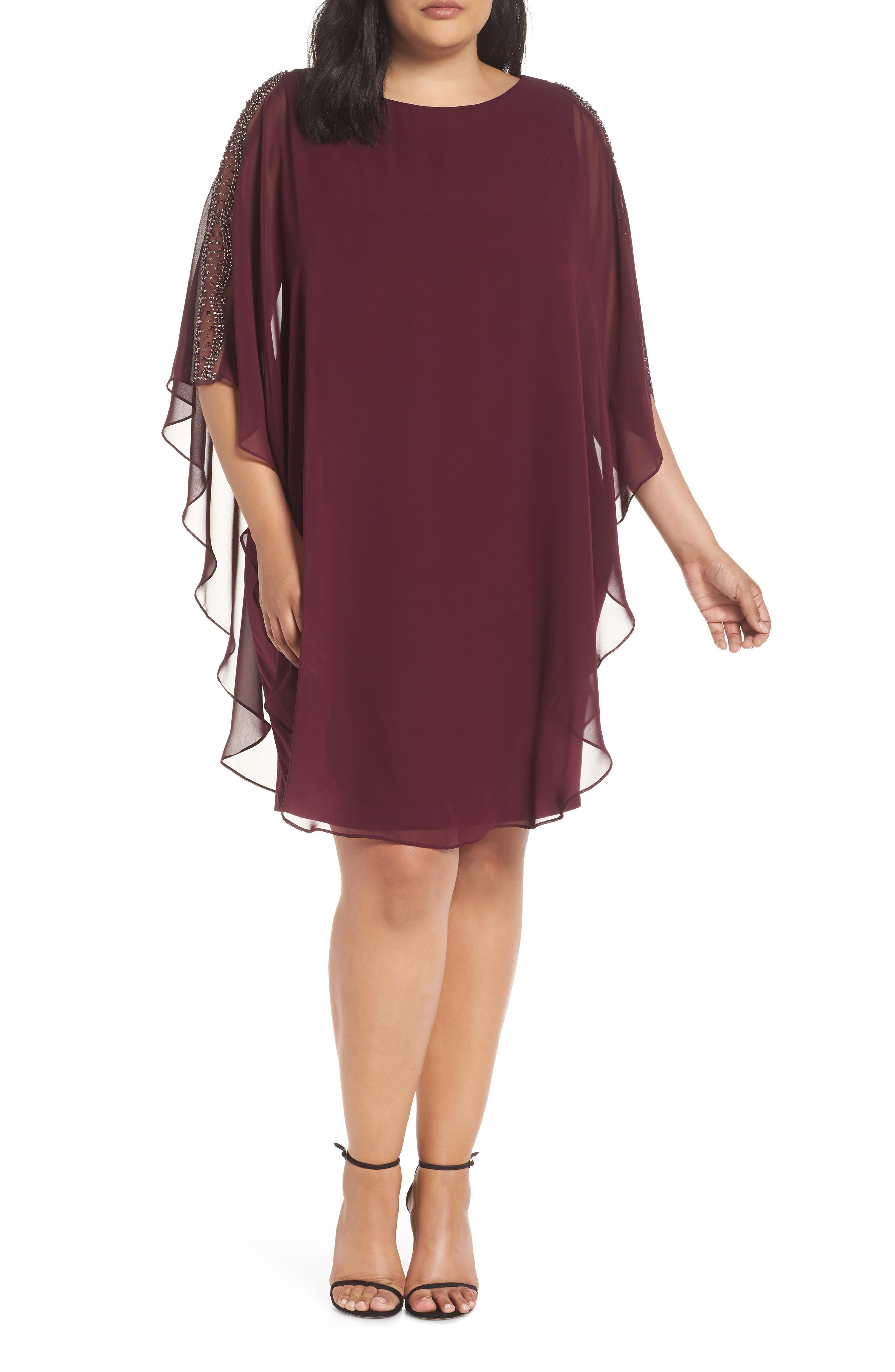 Plus Size Xscape Chiffon Overlay Beaded Sleeve Cocktail Dress